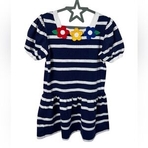 Vintage Florence Eiseman Dress Navy & White Stripes with Flower Appliqués 4T
